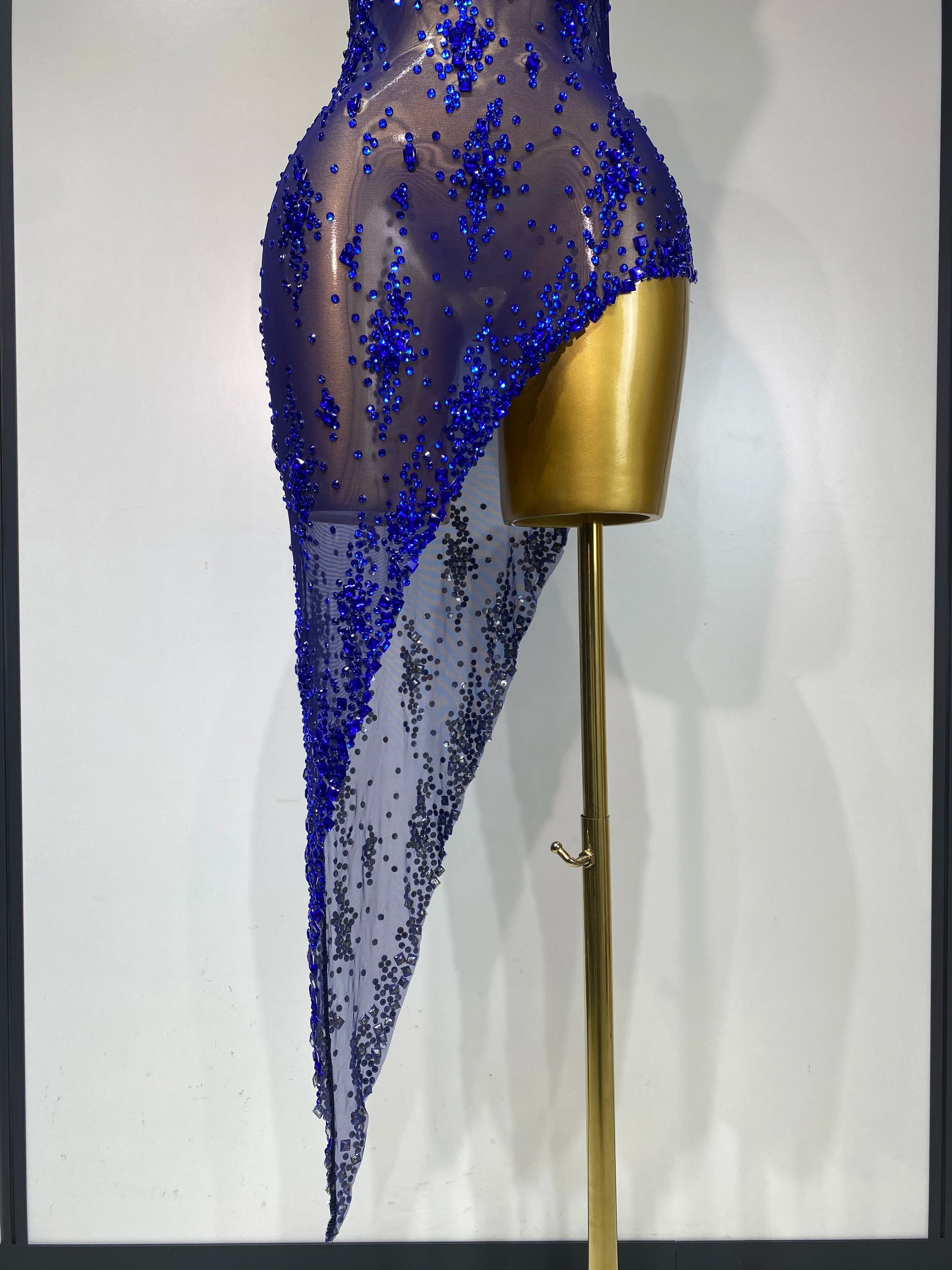 Women Sexy Luxury Birthday Prom Gowns Sparkly Diamond See Through Mesh Stretch Asymmetrical Dress Celebrity Elegant Stage Outfit