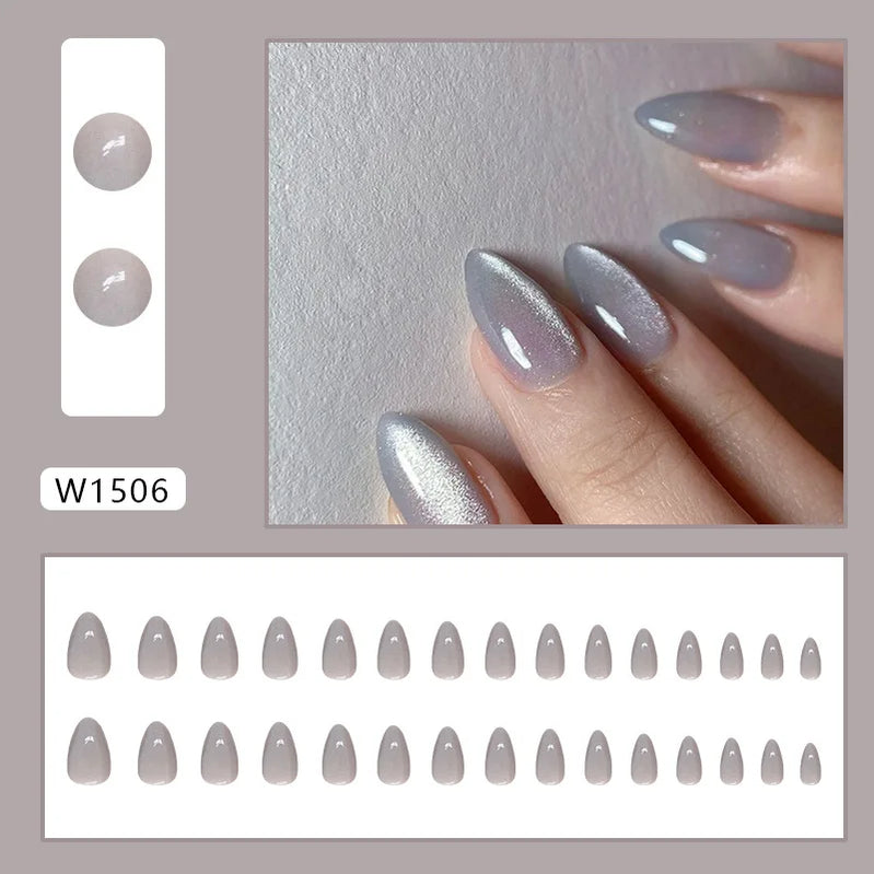 24pcs Shiny Green Cat Eye False Nails Cute Seal Print Fake Nails Tips Wearable Reusable Glossy Short Round Press on Nails