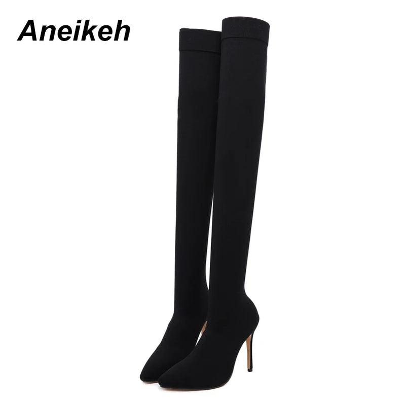 Fashion Pointed Toe Over-the-Knee Heel Thigh High Woman Boot Stretch Fabric Sock Boots botas mujer Shoe Size 35-42 Black
