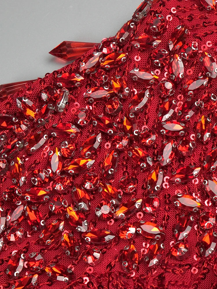 VC Red Diamonds Mermaid Dress Beaded Diagonal One-shoulder High Split Crystals Details Maxi Banquet Evening Party Gown