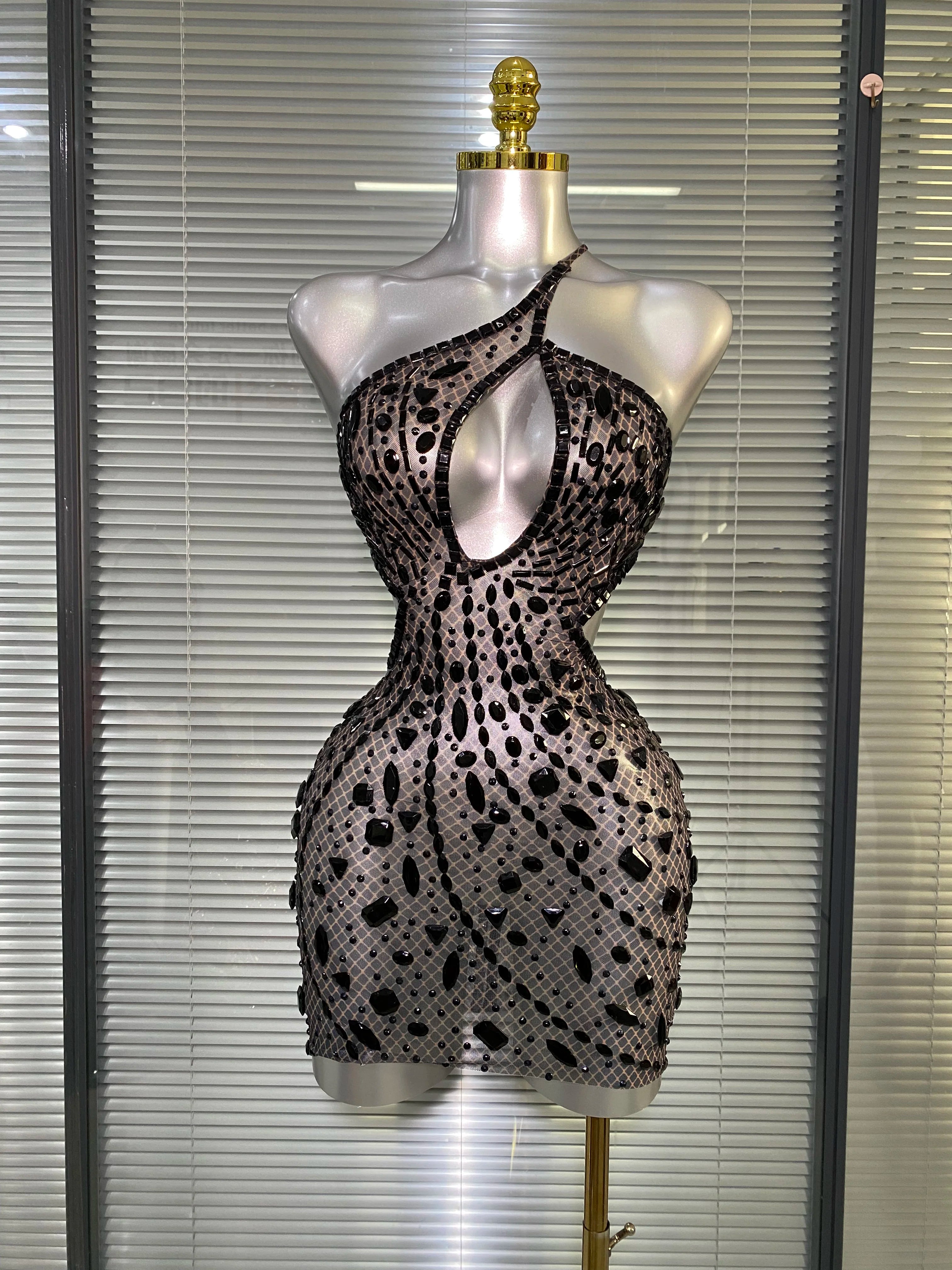 Women Sexy See Through Mesh One Shoulder Backless Brown Costume Stage Dancer Singer Fancy Night Club Mini Party Dress