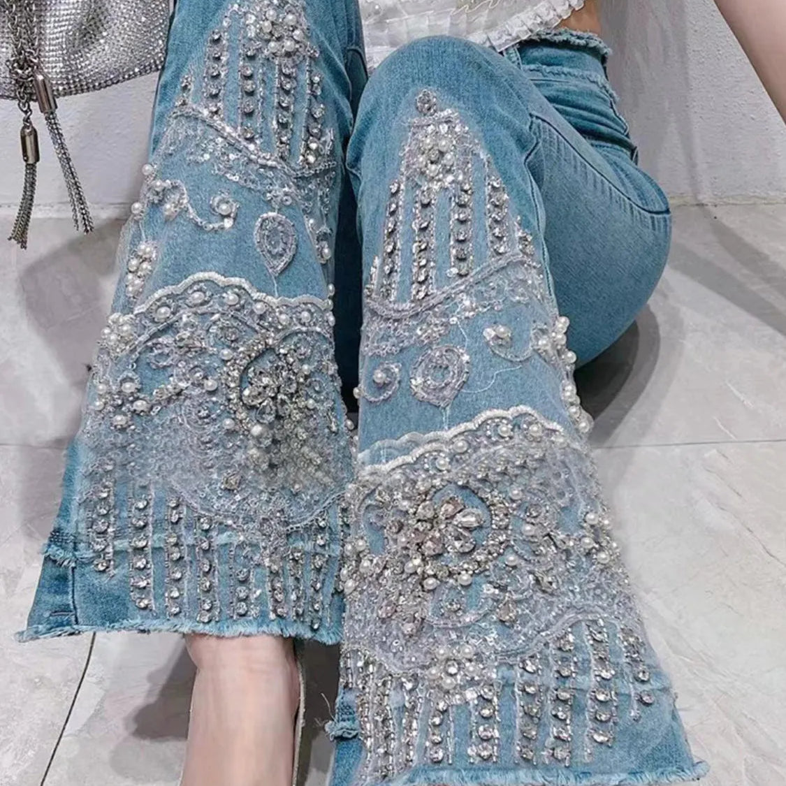 Women Jeans Summer New Korean Style Sweet Heavy Beads Luxury Rhinestone Blue Jeans Elegant Slimmin Bootcut Pants Fashion