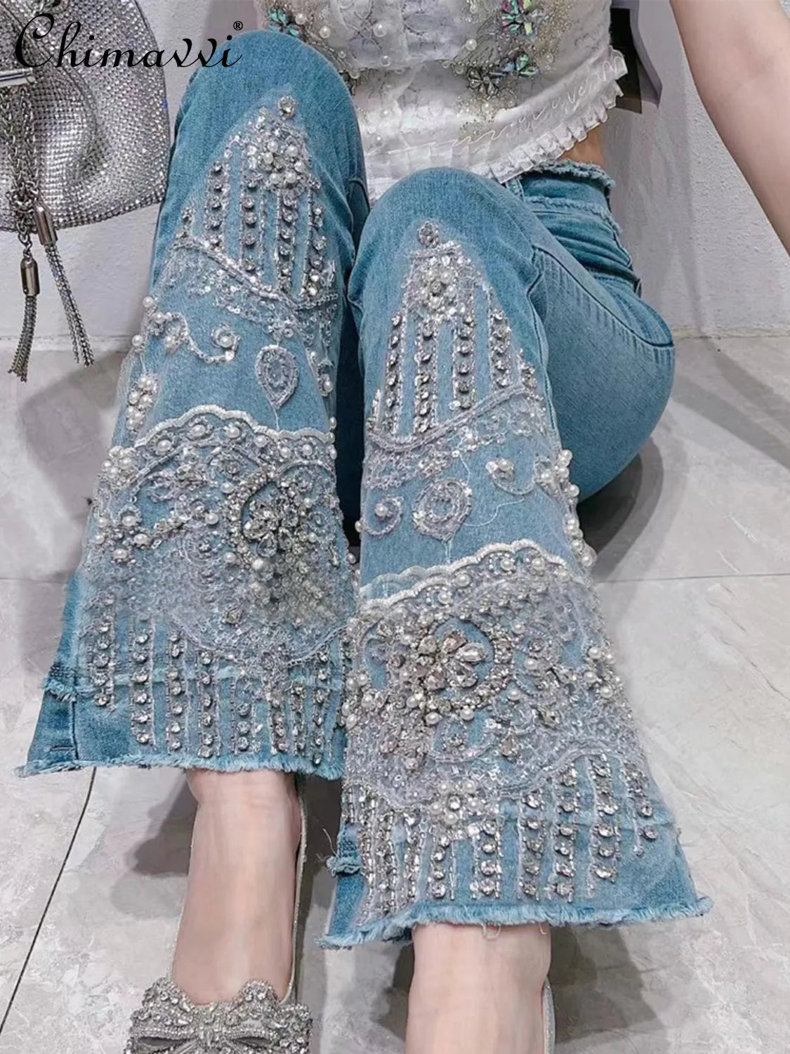 Women Jeans Summer New Korean Style Sweet Heavy Beads Luxury Rhinestone Blue Jeans Elegant Slimmin Bootcut Pants Fashion
