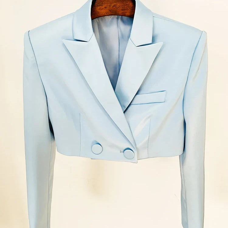 HIGH STREET Newest Fashion Designer Runway Suit Set Women's Satin Crop Blazer Jacket Belted Shorts Set 2pcs