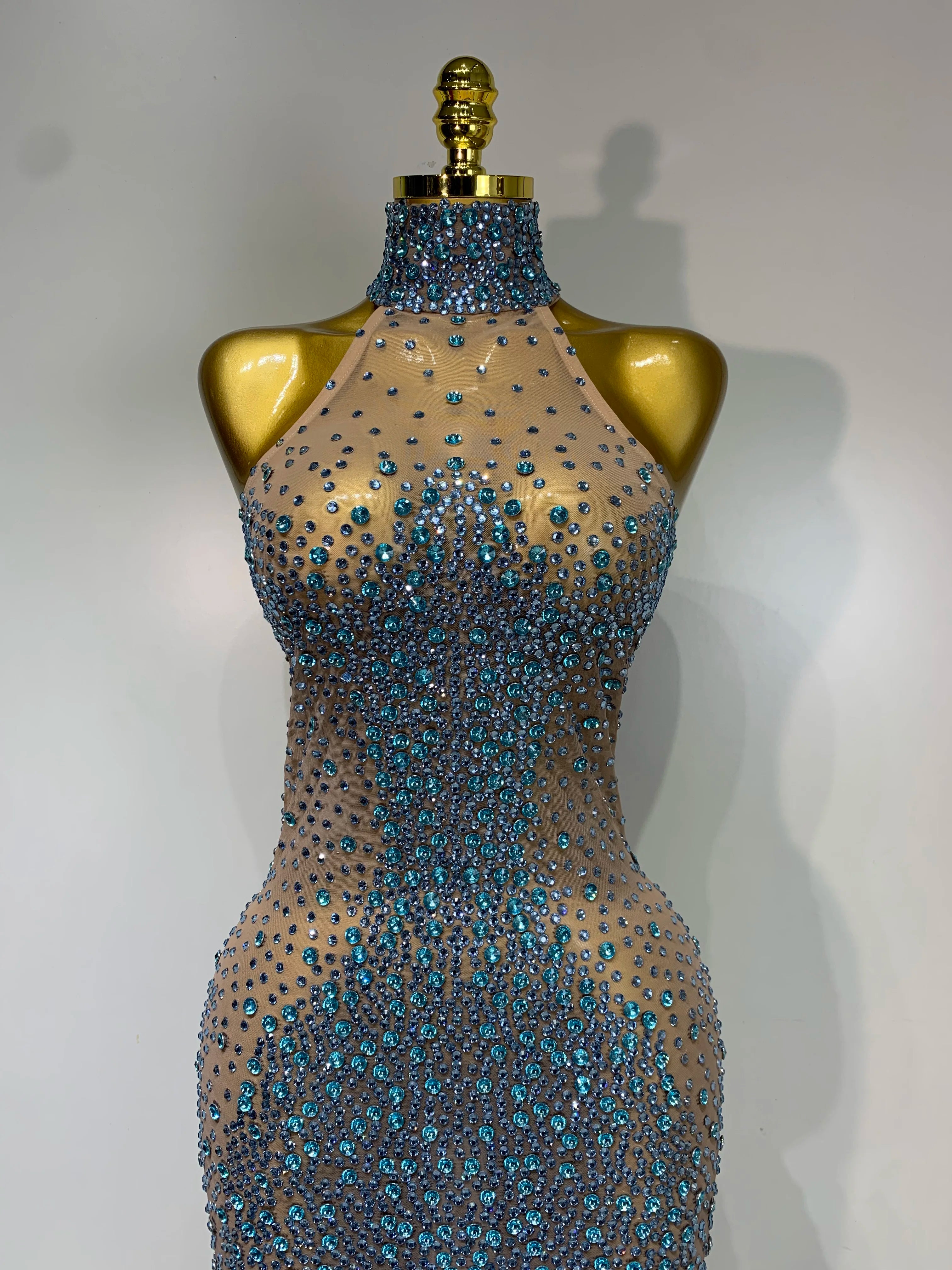 Sparkly Rhinestones Sleeveless Dress Sexy Mesh Transparent Celebrate Evening Wedding Prom Luxury Birthday Dresses Stage Outfit