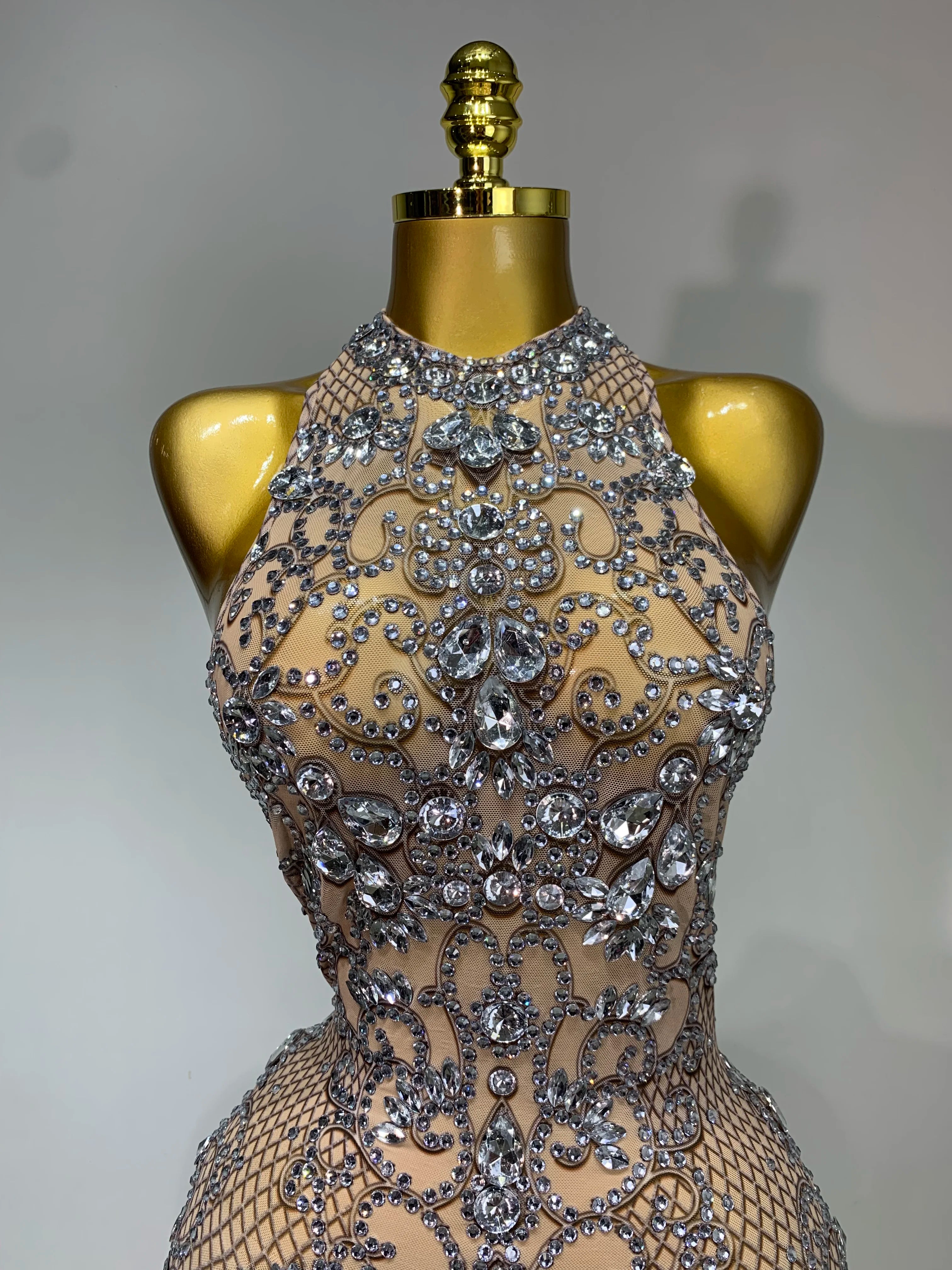 Women Sexy Backless Mesh Crystal Diamonds Performance Costume Stage Dancer See Through Stretchy Nightclub Evenig Party Dresses