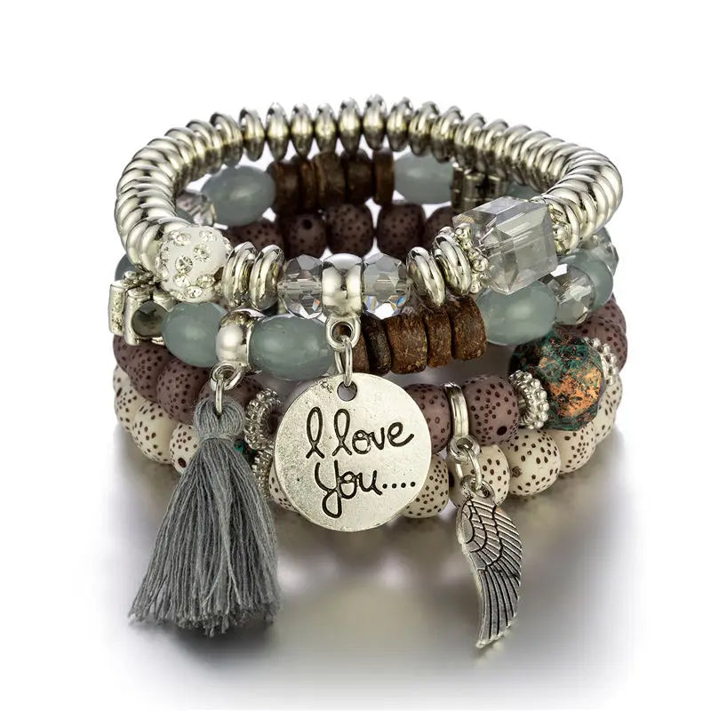 4Pcs Bohemian Women Pink Tassel Bracelet Set For Female I Love You Feather Round Charm Beads Chain Bangle Fashion Party Jewelry BR139-5