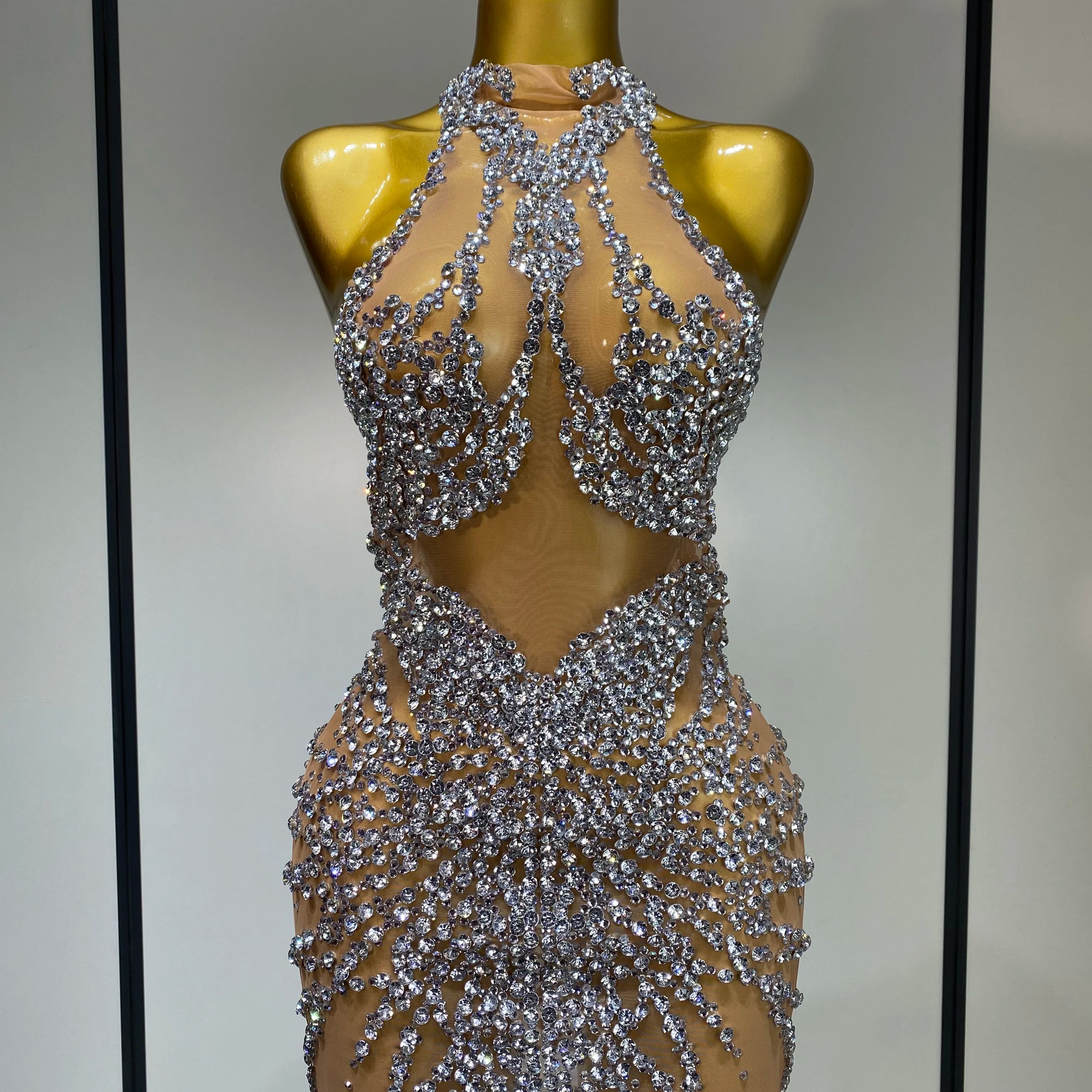 Luxury Rhinestones Mesh Transparent Prom Mini Dress Shinny Women Birthday Celebrate Party Prom Nightclub Outfit Stage Costume