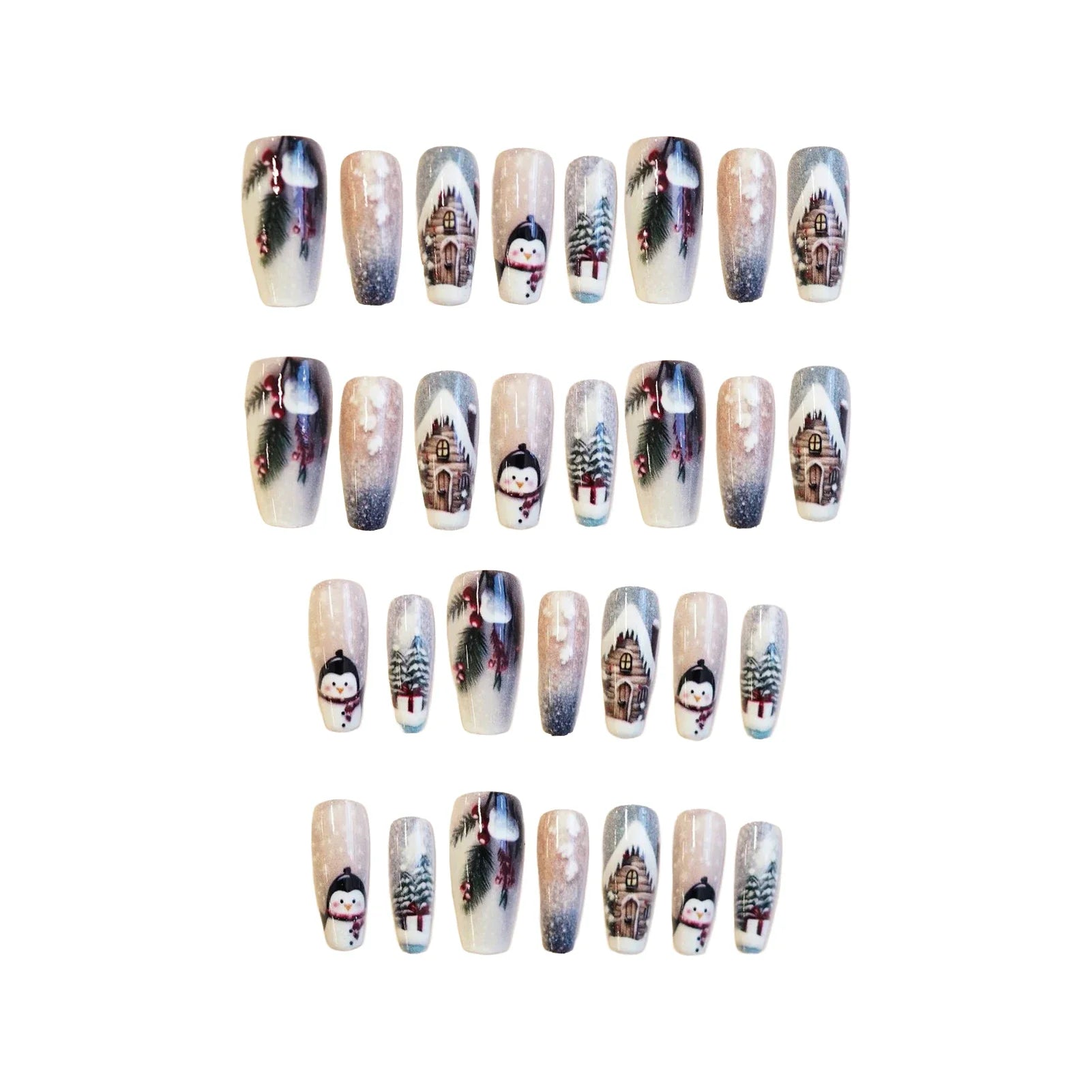 30Pcs Christmas Fake Nails With Penguin/Snowflake/Xmas Tree Designs Ballerina Press On Nails Women Year Party False Nails