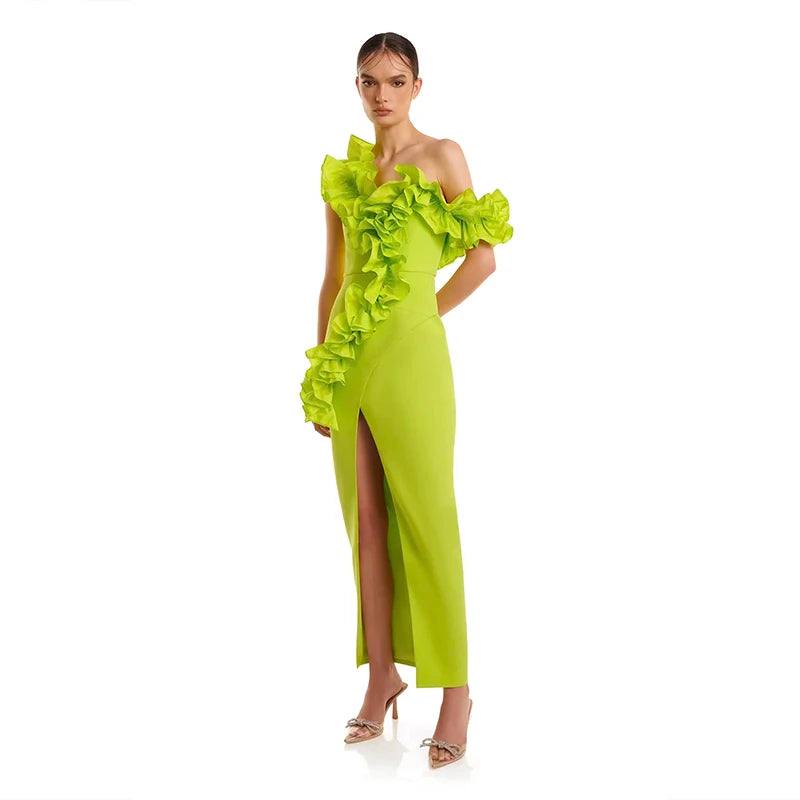 Red Black Women Sleeveless Off the Shoulder Ruffles Bodycon Bandage Mid-calf Dress Nightclub Party Celebrate Evening Dress