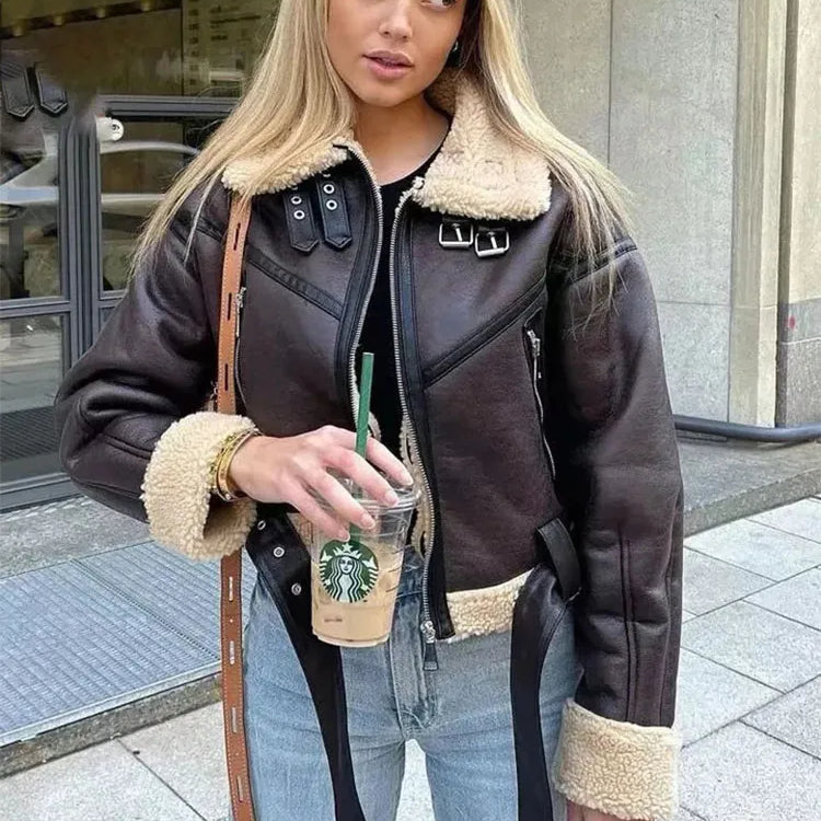 TRAFZA 2023 Women Fashion Thick Warm Lambs Wool Jacket Coat Vintage Long Sleeve Zipper Jackets Female Outerwear Chic Tops