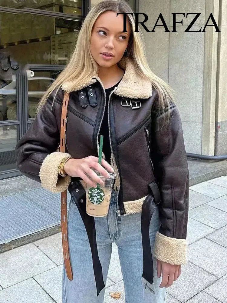 TRAFZA 2023 Women Fashion Thick Warm Lambs Wool Jacket Coat Vintage Long Sleeve Zipper Jackets Female Outerwear Chic Tops