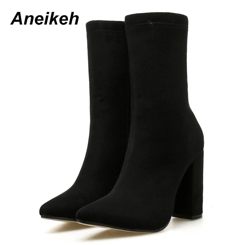 Black Faux Suede Square Heels Mid-Calf Women Pumps Boots Spring Fashion Pointed Toe ZIP Sexy Solid Party Size 35-42