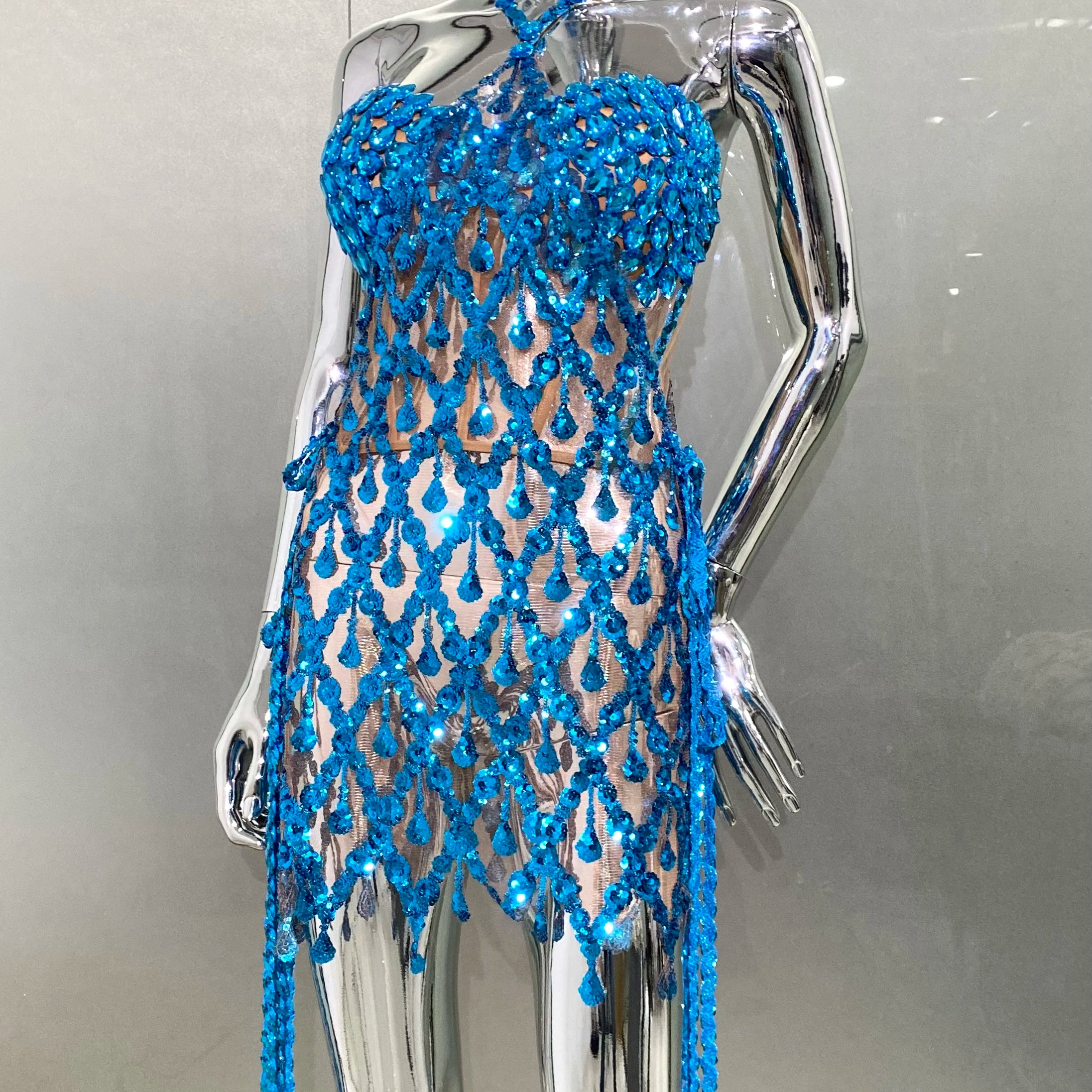 Blue Sequins Shining Diamonds Long Tassel Sleeveless Mini Dress 2 Pieces High Quality Birthday Party Outfit Performances Costume