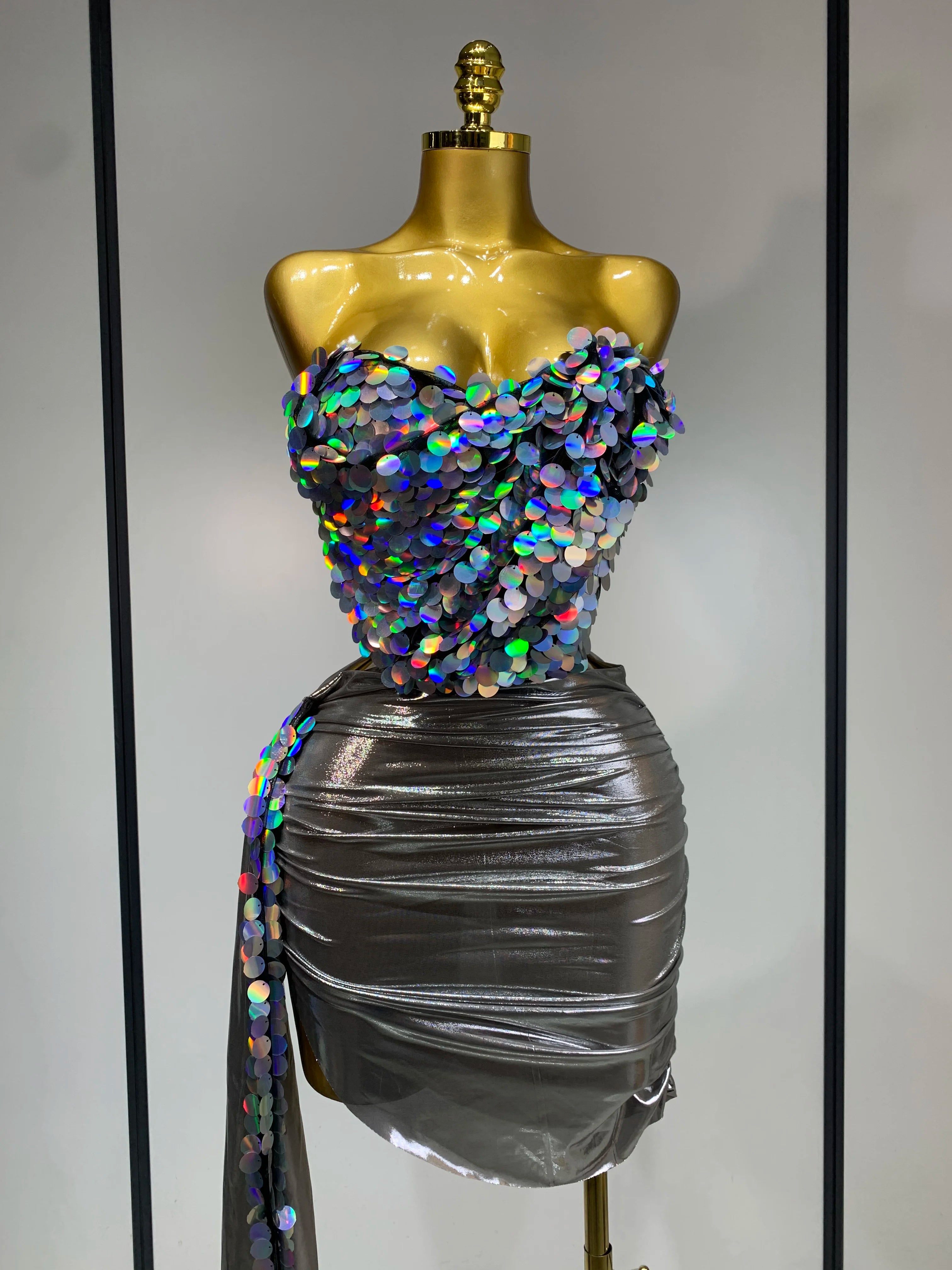 Sparkly Sequins Short Dress Women Sexy Party Evening Prom Celebrate Birthday Photo Shoot Two-piece set Nightclub Dance Costume