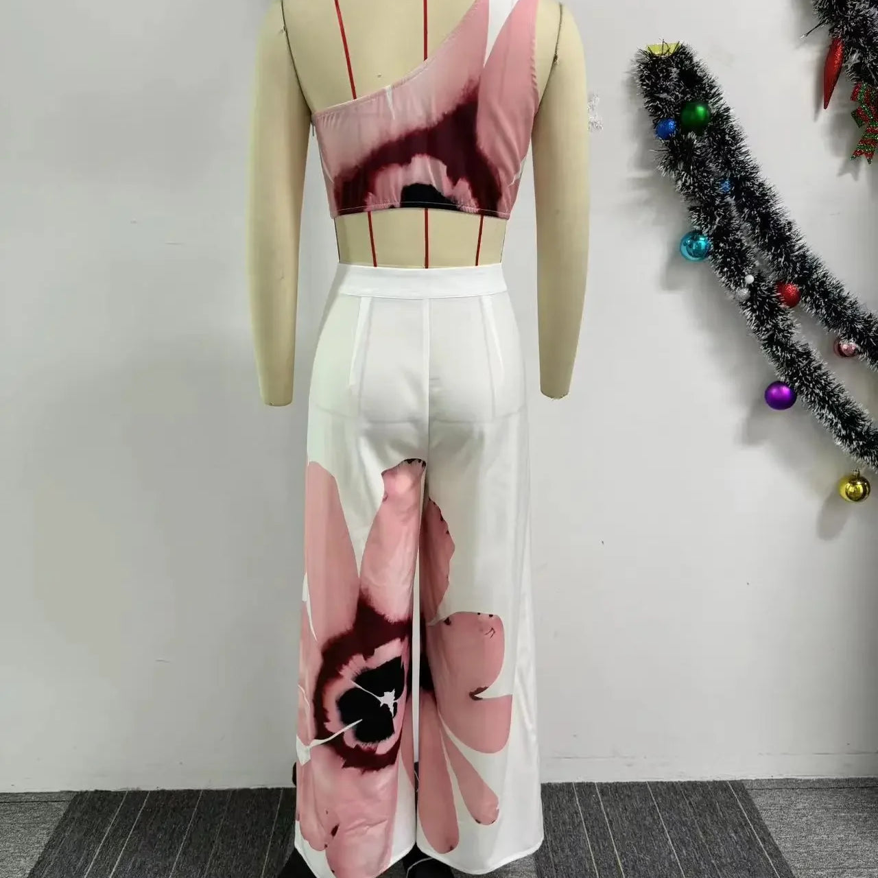 CM.YAYA Women Set Floral Print Sleeveless Skew Collar Tops +Wide Leg Pants Two 2 Piece Set Outfit 2024 Summer Street Tracksuit