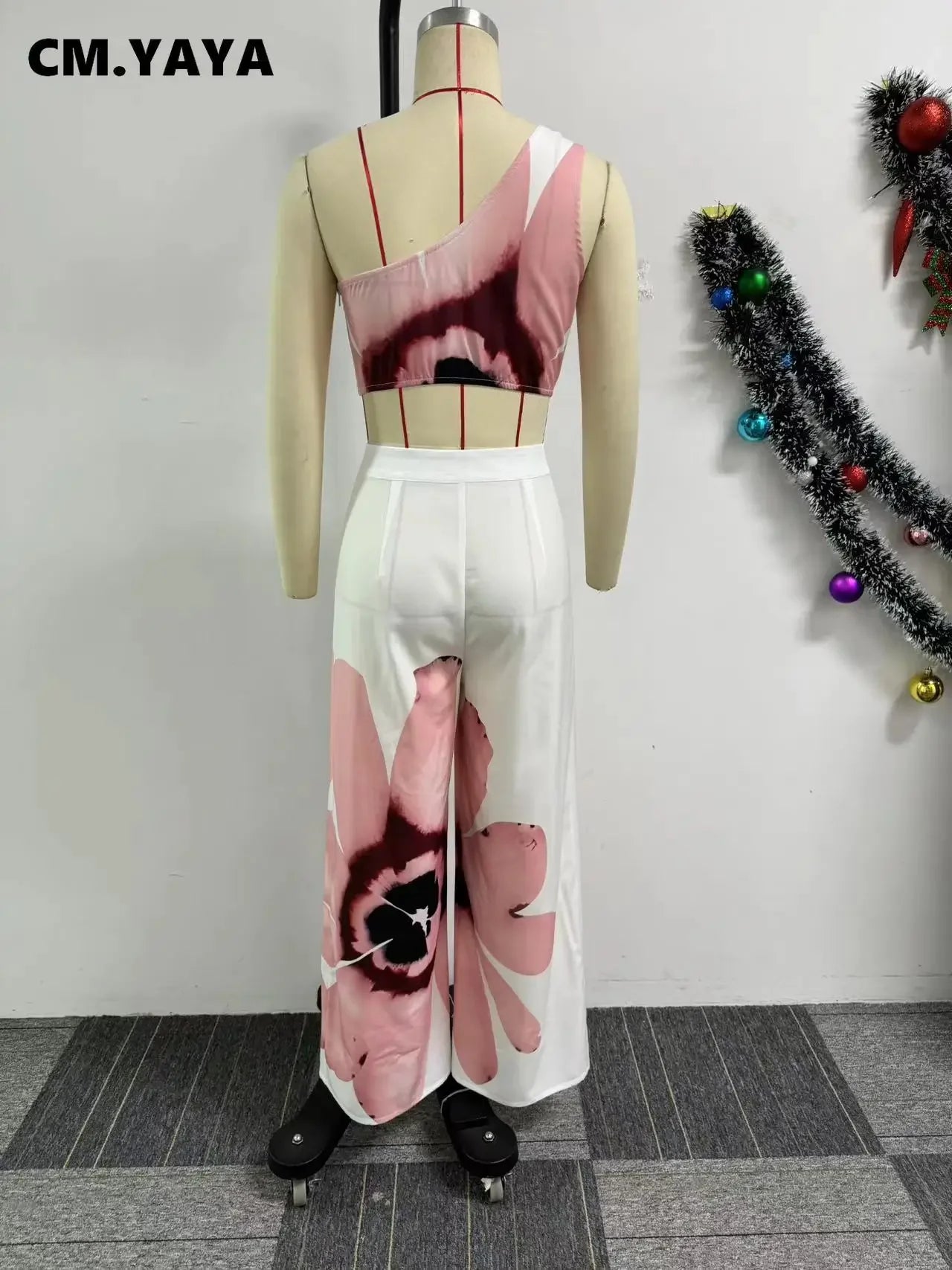 CM.YAYA Women Set Floral Print Sleeveless Skew Collar Tops +Wide Leg Pants Two 2 Piece Set Outfit 2024 Summer Street Tracksuit
