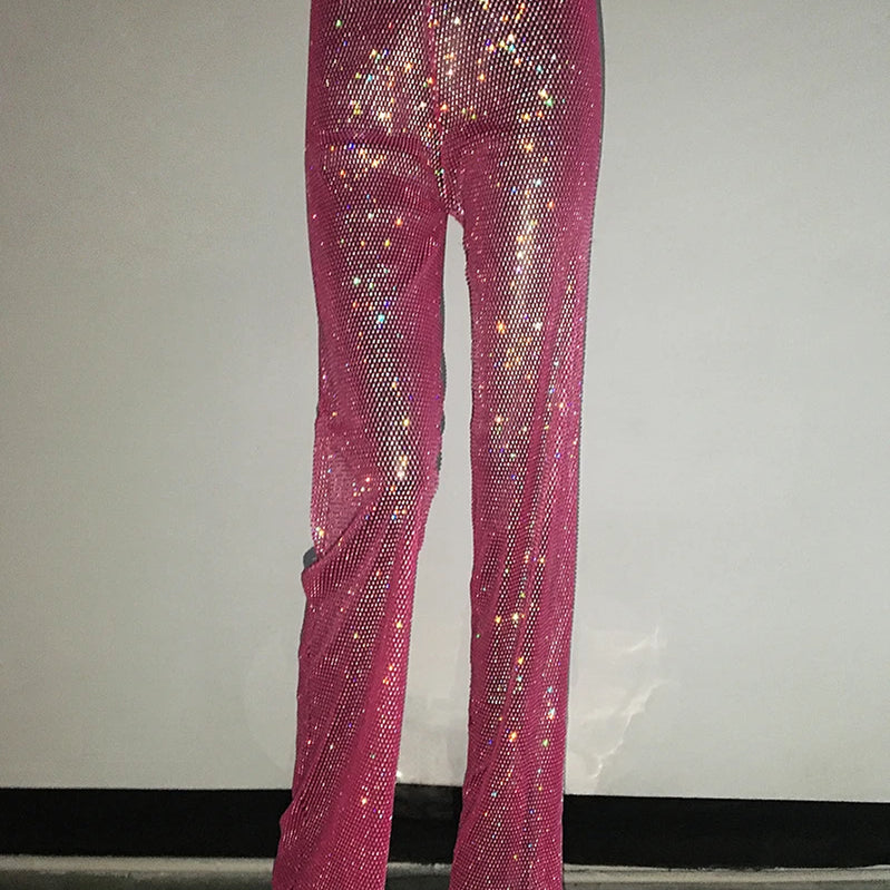 Fashion Sexy Glitter Crystal Diamonds Fishnet Women Pant See Through High Waist Pant Female Loose Hot Girl Party Clubwear Rose Red One Size