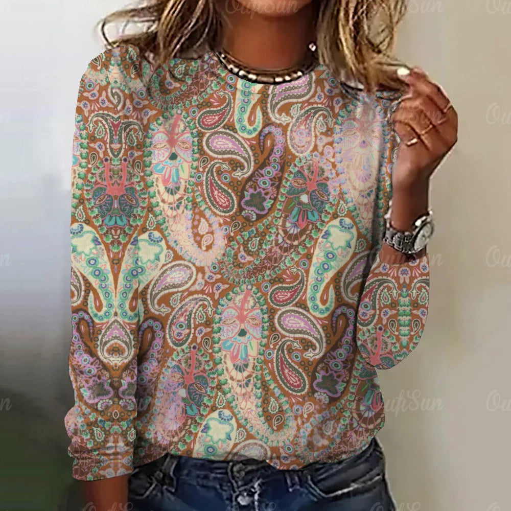 Paisley Print Top Women Long Sleeved Streetwear Summer Vintage Tee Women's Fashion O Neck T Shirts Y2k Oversized Female Clothing W010203-SM16936