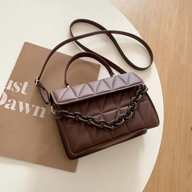 Solid Plaid Crossbody Bags For Women, Chain Decor Fashion Shoulder Bag Ladies Handbag Coffee 21x15x7cm