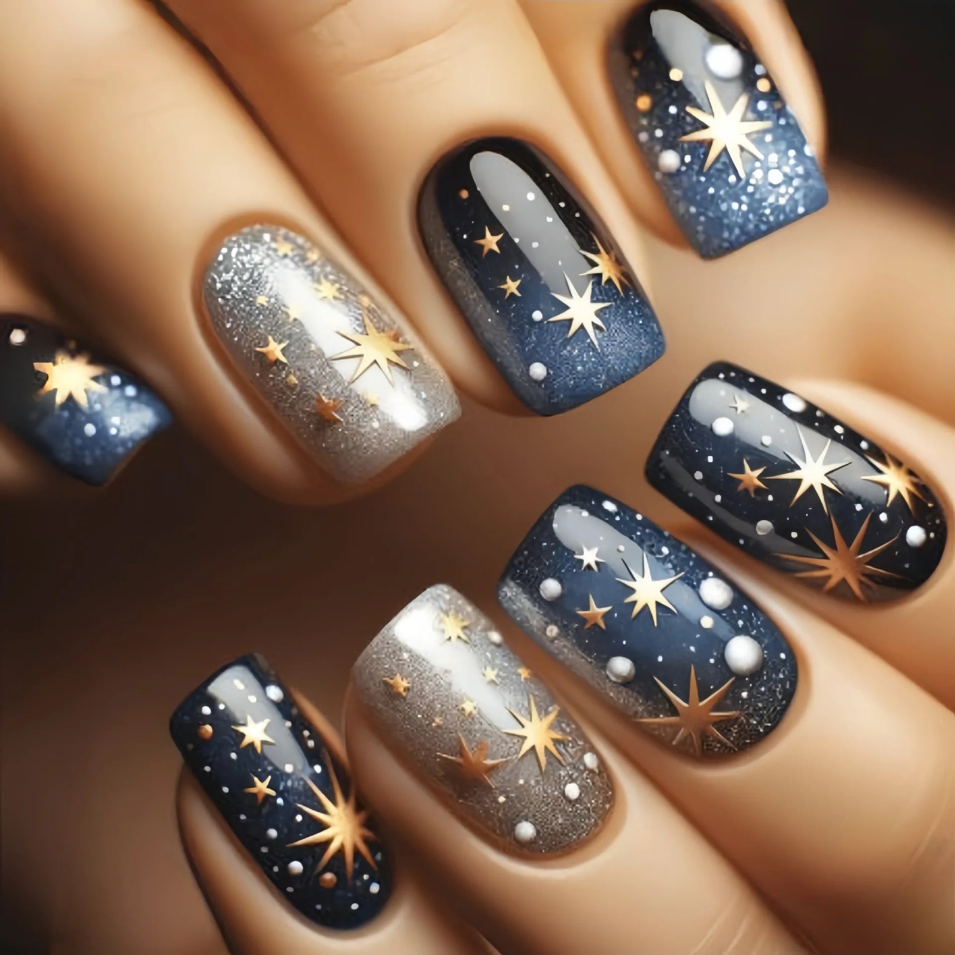 24pcs/set medium long fake nails square ballet nail tips glitters starry sky moon star feather design press on false nail art