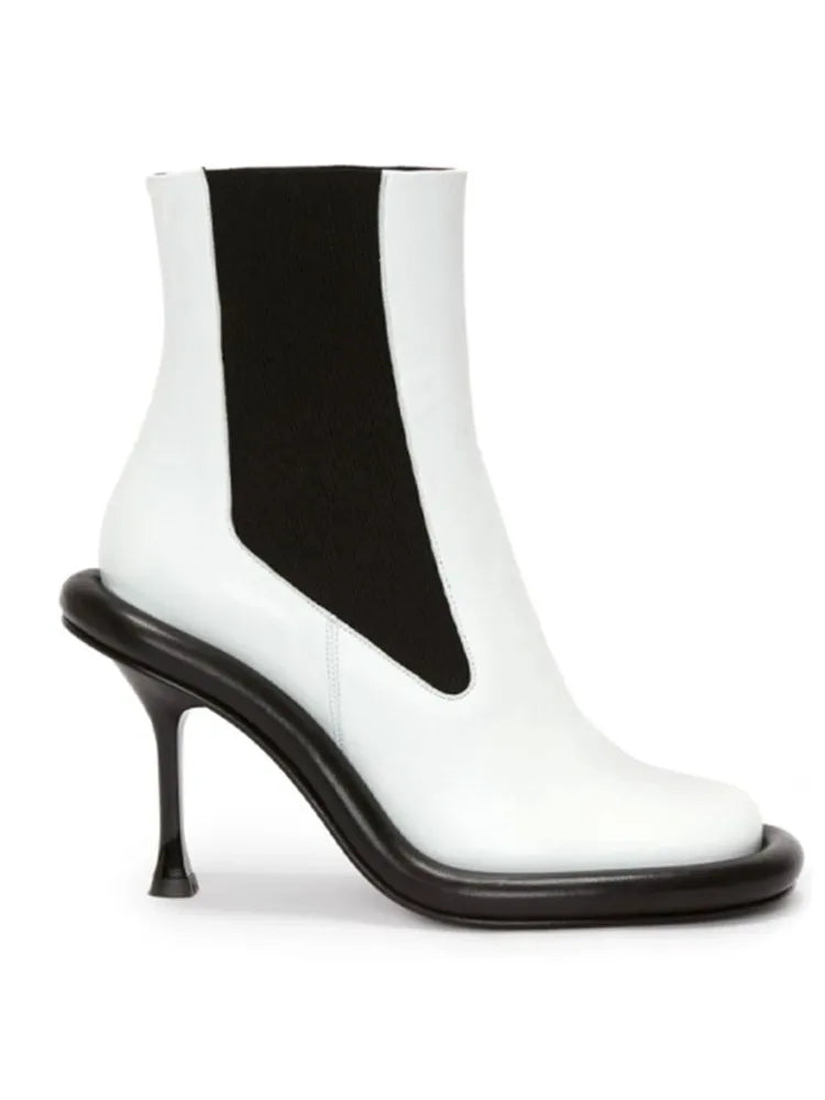 Spring and Autumn Women's New Slender High Heel Denim Short Boots Round Head Side Zipper Fashion Women's Ankle Boots 539-white