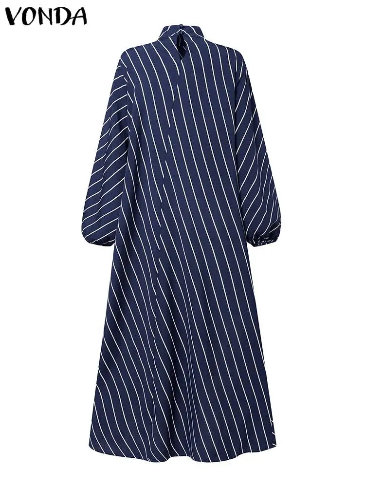 Plus Size 5XL Elegant Striped Maxi Dress Women High Neck Elegant Long Sundress Long Puff Sleeve Printed Vestidos