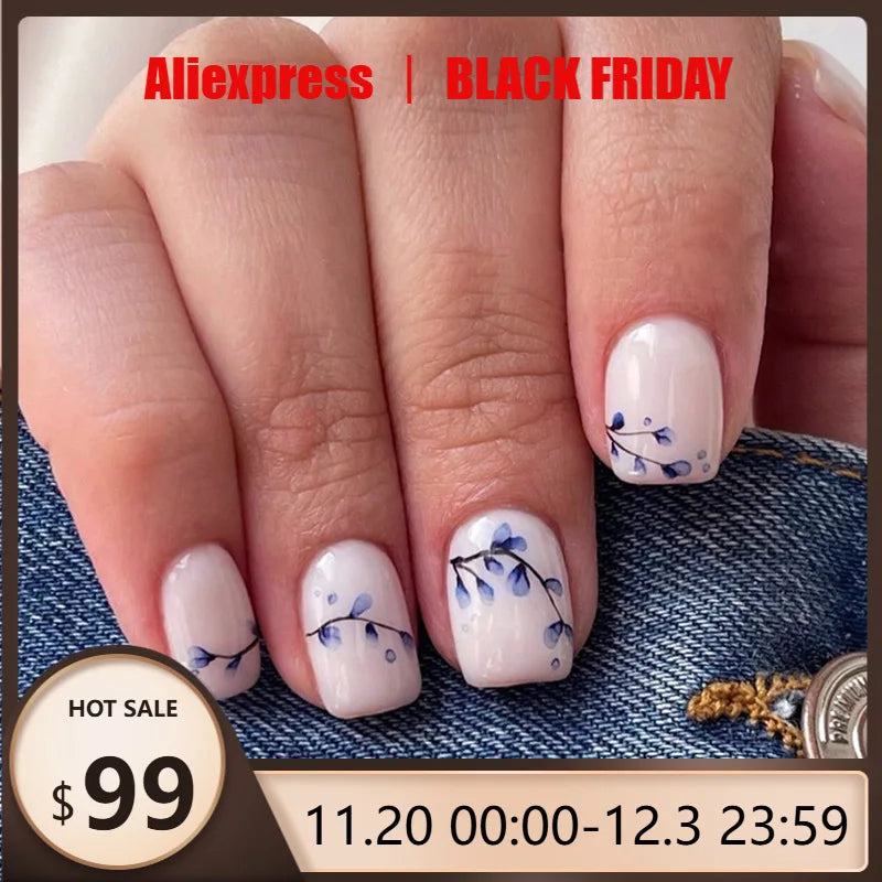 24pcs Simple Blue Flower Bud French Style Press on Nails Simple Nails Full Cover Wearable False Nails
