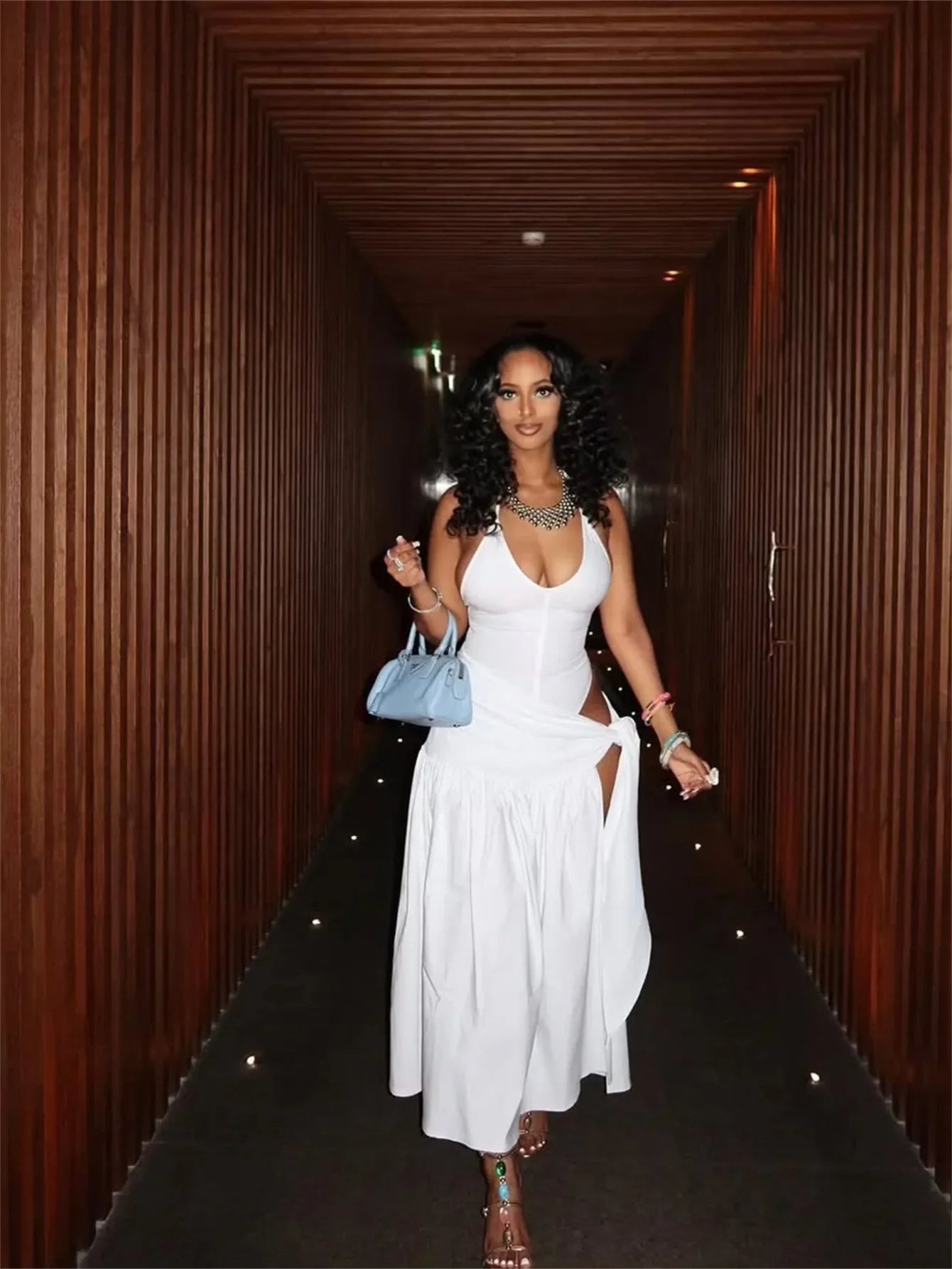 CM.YAYA Summer Women Halter Sleeveless V-Neck Tie Up High Side Split High Waist A-Line Dress Night Club Party Dresses Vestidos White