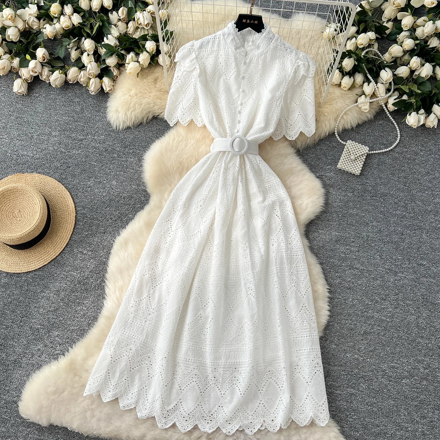 French Vintage O-neck sashes Hook flower hollow Short Sleeves Single Breasted Dress A-line Casual Women Fashion women clothing