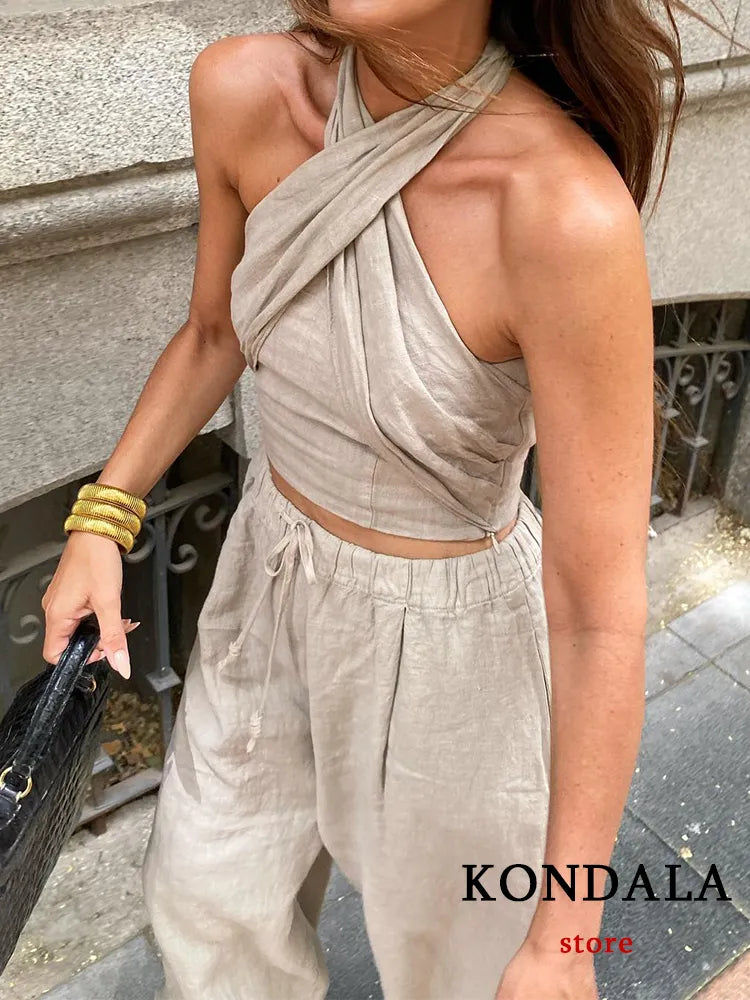 KONDALA Streetwear Khaki Linen Suits Women Sleeveless Halter Sexy Crop Tops Women+High Waist Wide Leg Pants Fashion Sets