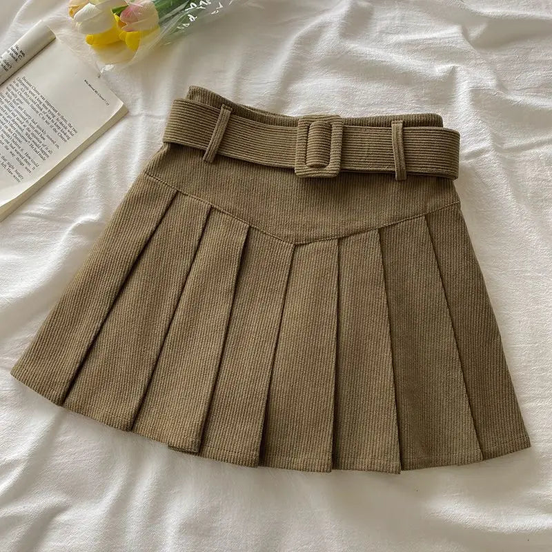 Pleated Mini Skirts Women Japan Students Corduroy Preppy Style Autumn Winter Basic Solid Bottoms Chic Vintage JK Slim All-match khaki with belt