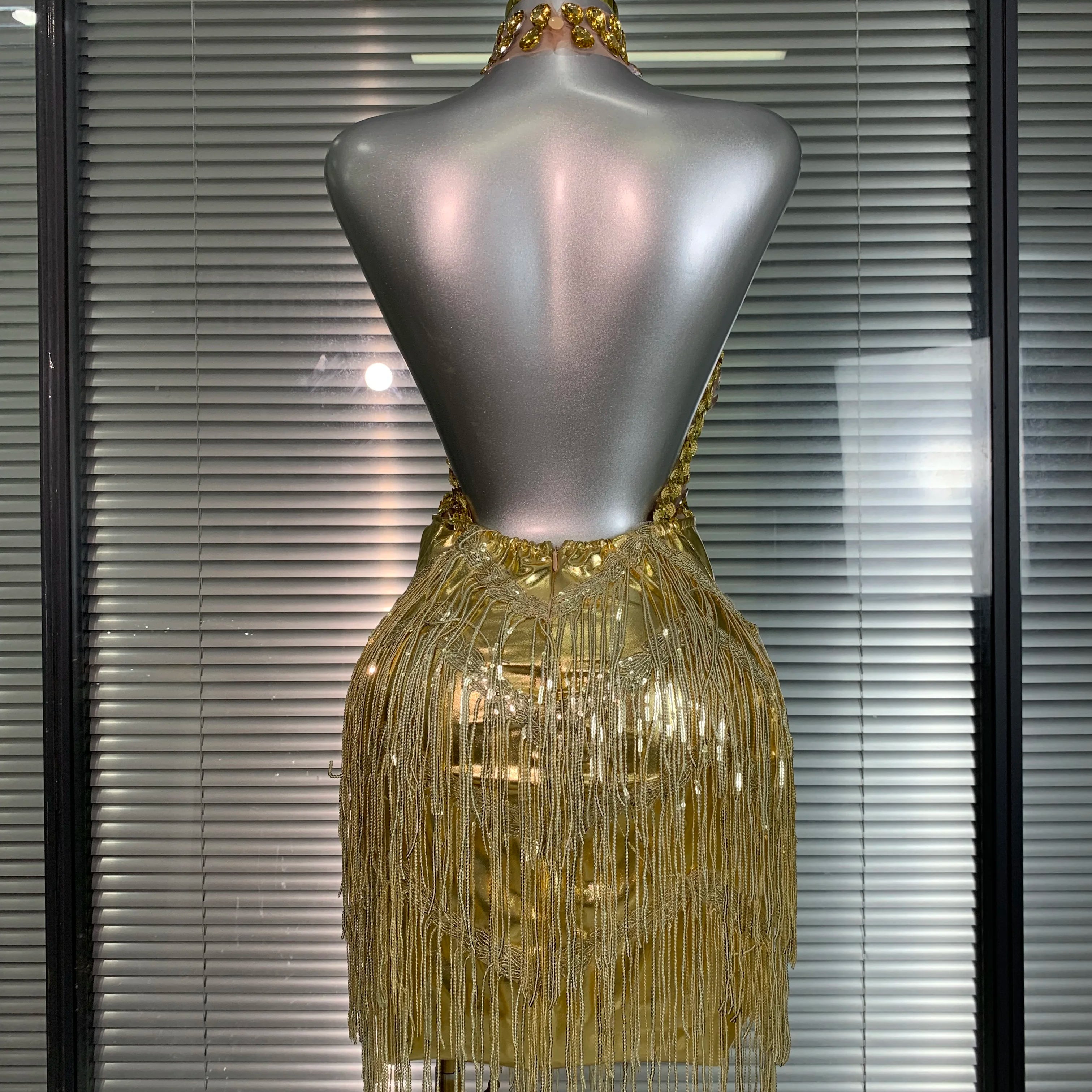 Women Sexy Mesh Tassel Crystal Diamonds Mini Performance Costume Stage Dancer See Through Stretchy Gold Night Club Party Dress