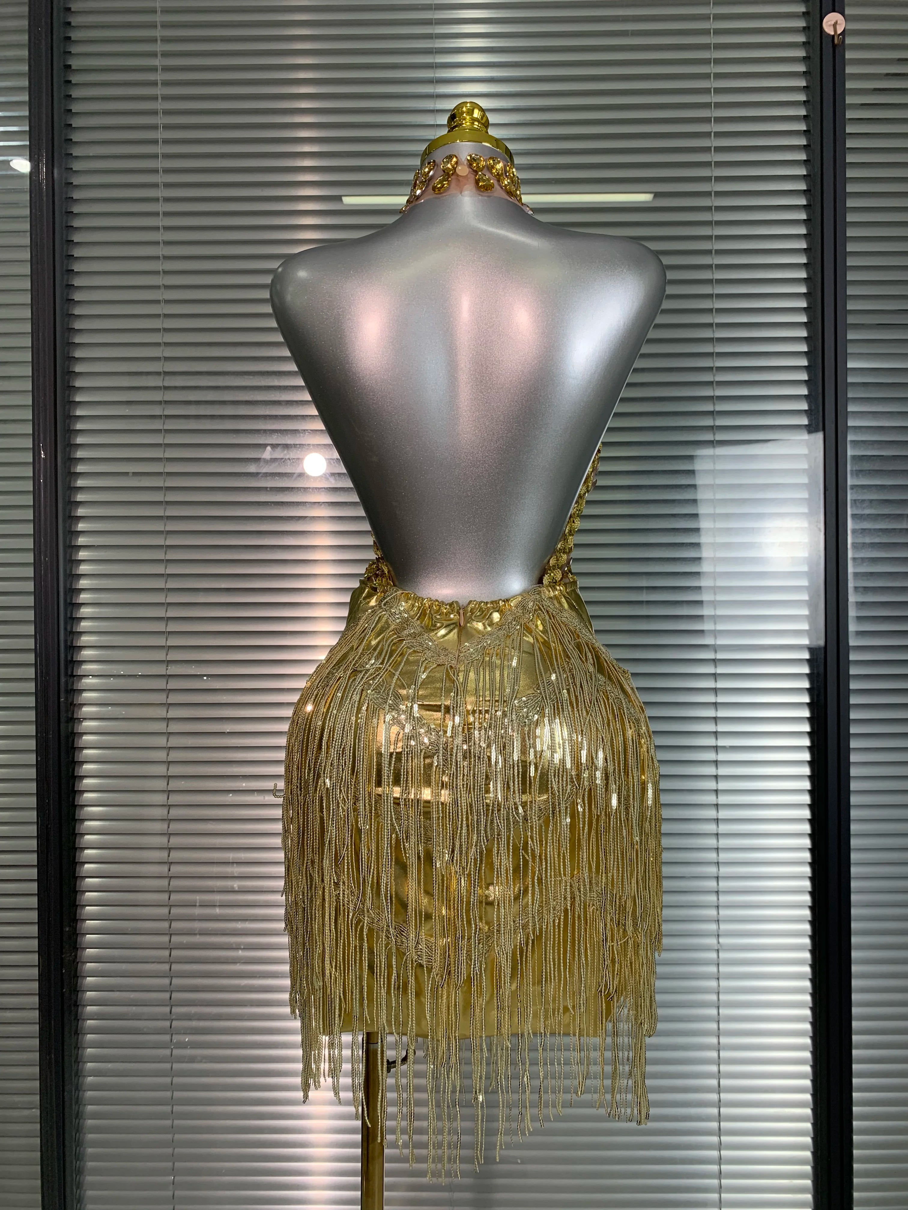 Women Sexy Mesh Tassel Crystal Diamonds Mini Performance Costume Stage Dancer See Through Stretchy Gold Night Club Party Dress