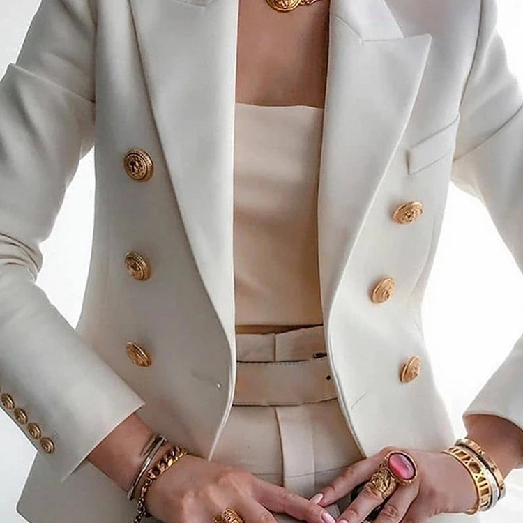 Chic Blazer Women Autumn New Korean Fashion Notched Long Sleeve Double Breasted Suits Jackets Solid Slim Casual Female Coat WHITE