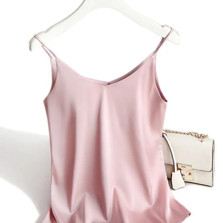 Spaghetti Strap Top Women Halter V Neck Basic White Cami Sleeveless Satin Silk Tank Tops Women'S Summer Camisole Pink