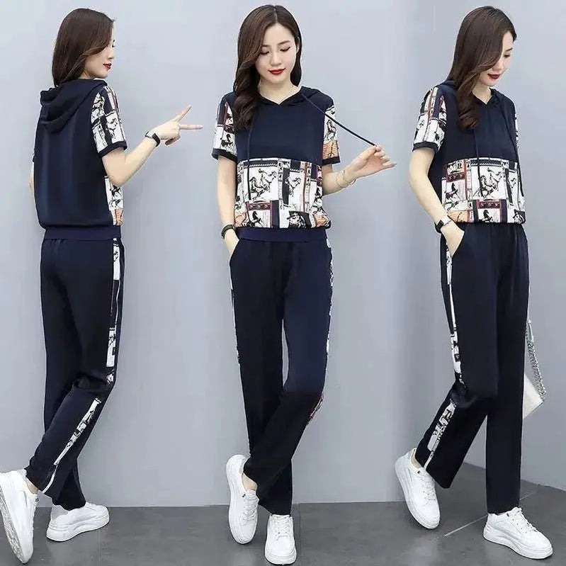 Women's Large Autumn New Casual Suit Loose Fashion Printed Hooded Short Sleeve Tops And Pants 2 Two Piece Set Plus Size Clothing