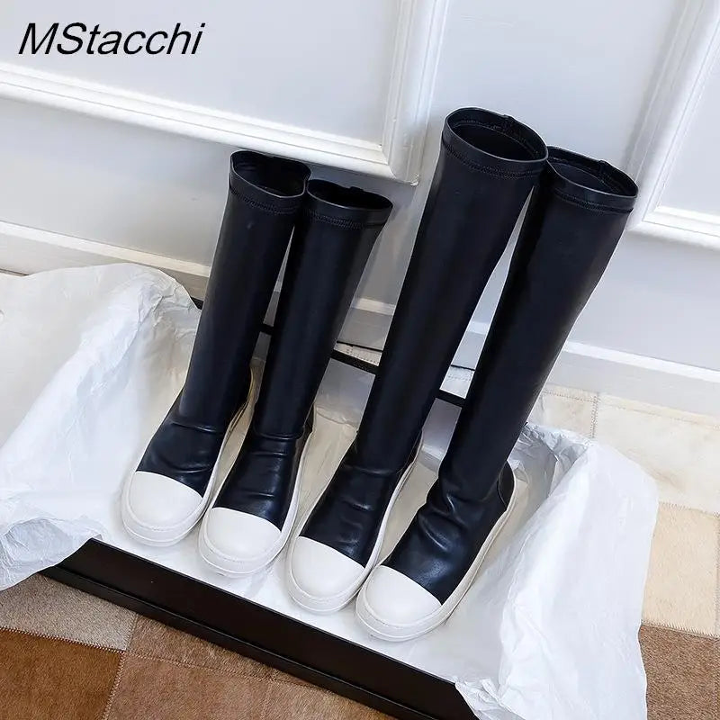 Women Stretch Tight Boots Flat Thick Bottom Shoes Women's Over-the-knee Boots Casual Black Leather Women's Thigh High Boots