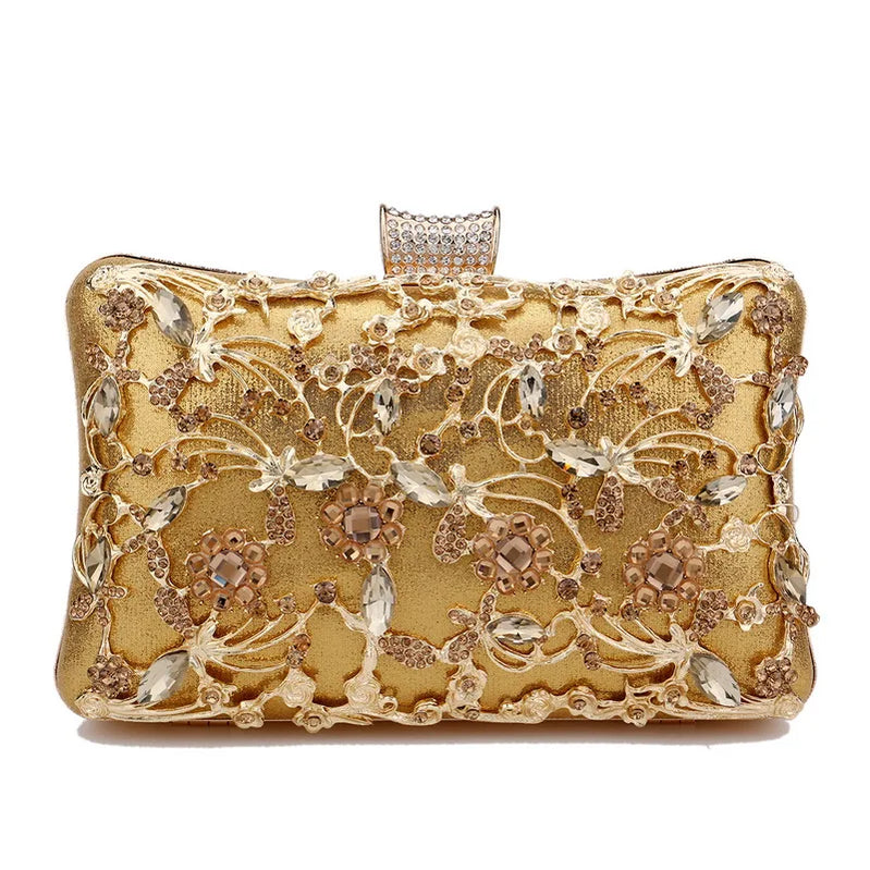 Rhinestones Women Bags Hollow Out Style Fashion Evening Bags Chain Shoulder Handbags Party Wedding Day Clutch Purse YM3106 hard gold