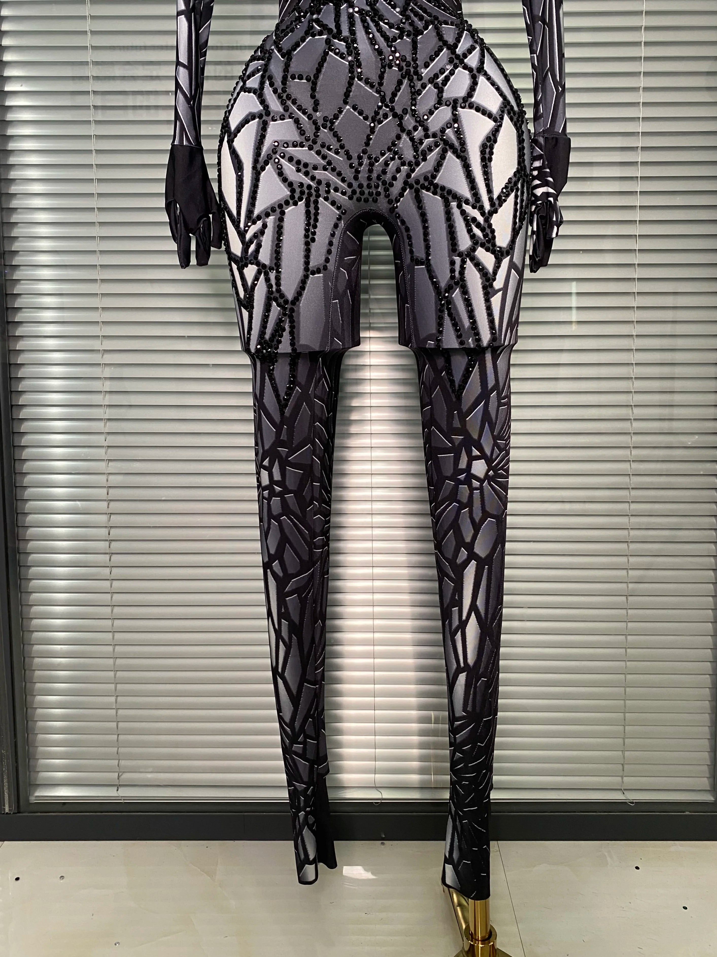 Women Sexy Black Y2K Crystal Jumpsuit Celebrity Designer Stretchy Mesh Singer Dancer Stage Night Club Rompers