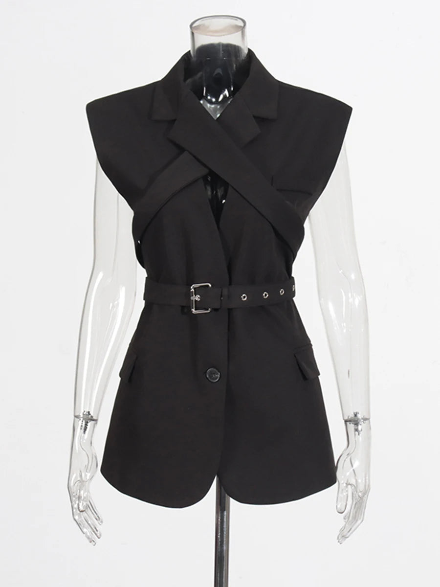 TWOTWINSTYLE Solid Slimming Spliced Single Breasted Coat for Women Lapel Long Sleeves Patchwork Lace Up Top Female Clothing New