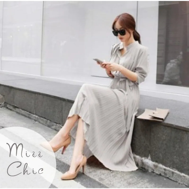 Elegant Chiffon Long Sleeve Shirt Dress Korean Fashion Women Belt Lace Up A-line Pleated Maxi Dress 2023 Fall Clothes Streetwear