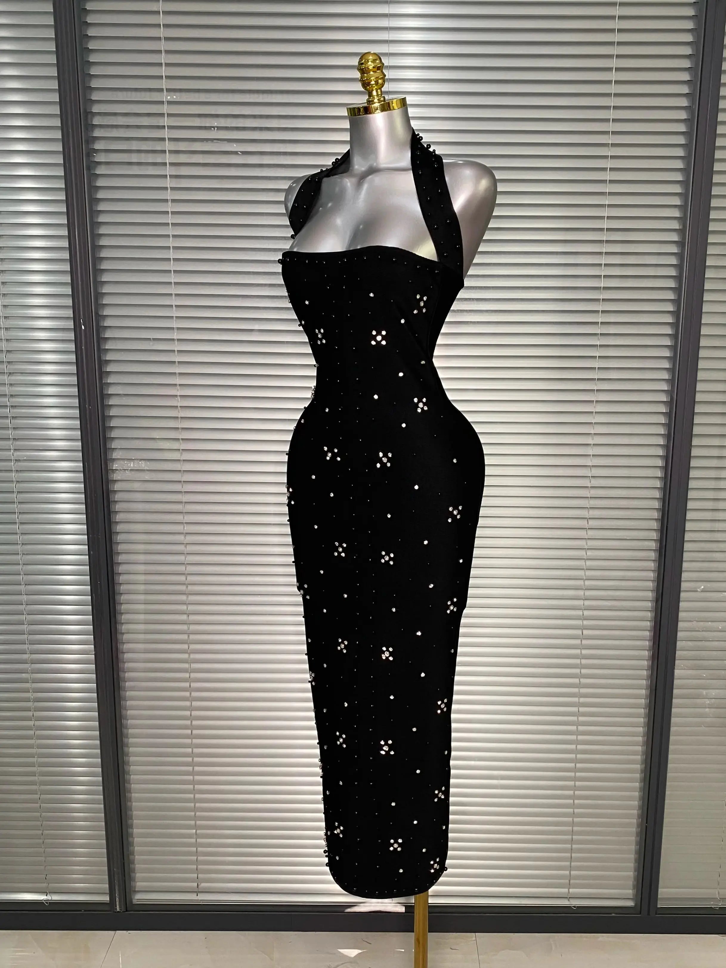Summer New 2025 Women Black Halter Long Bodycon Bandage Dress Crystal Beaded Backless Evening Party Dress Vestido
