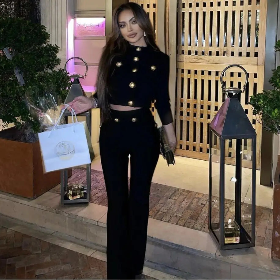 High Quality Bandage Expose Waist Woman Set Fashion Golden Buttons Short Coat Top And Flare Pants 2 Pieces High Street Wear