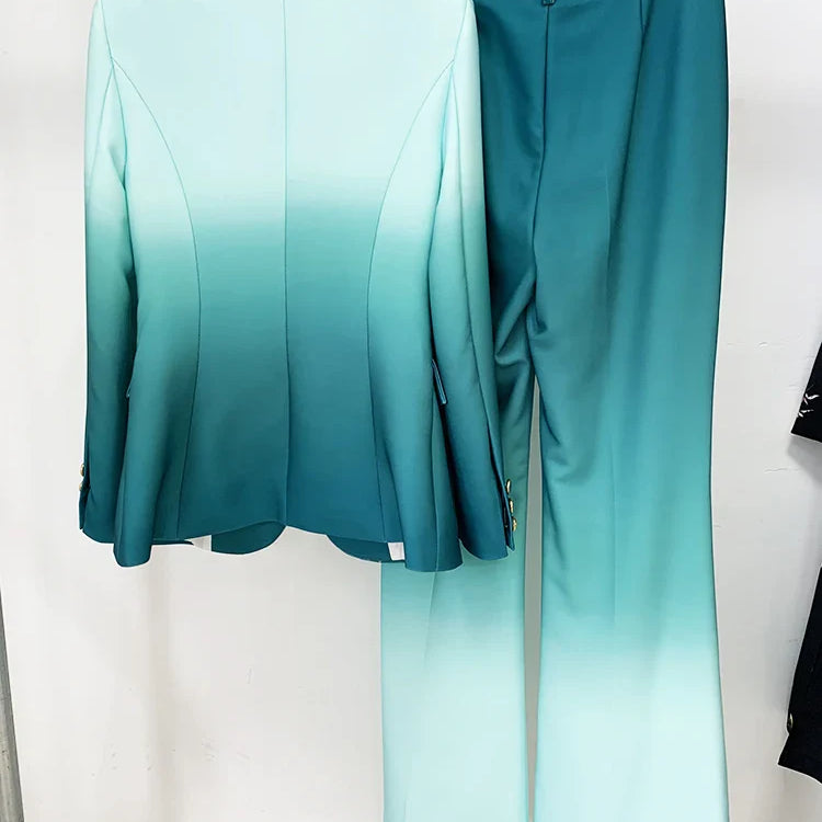 HIGH STREET Newest Fashion Designer Suit Set Women's Gradient Color Printed Single Button Blazer Flare Pants Suit 2pcs