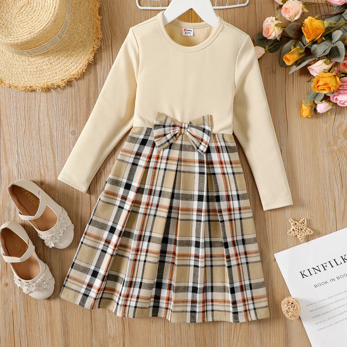 PatPat Kid Girl Dress Bowknot Design Ribbed Plaid Splice Long-sleeve Girls Dress Kids Dresses for Girls Clothes ColorBlock