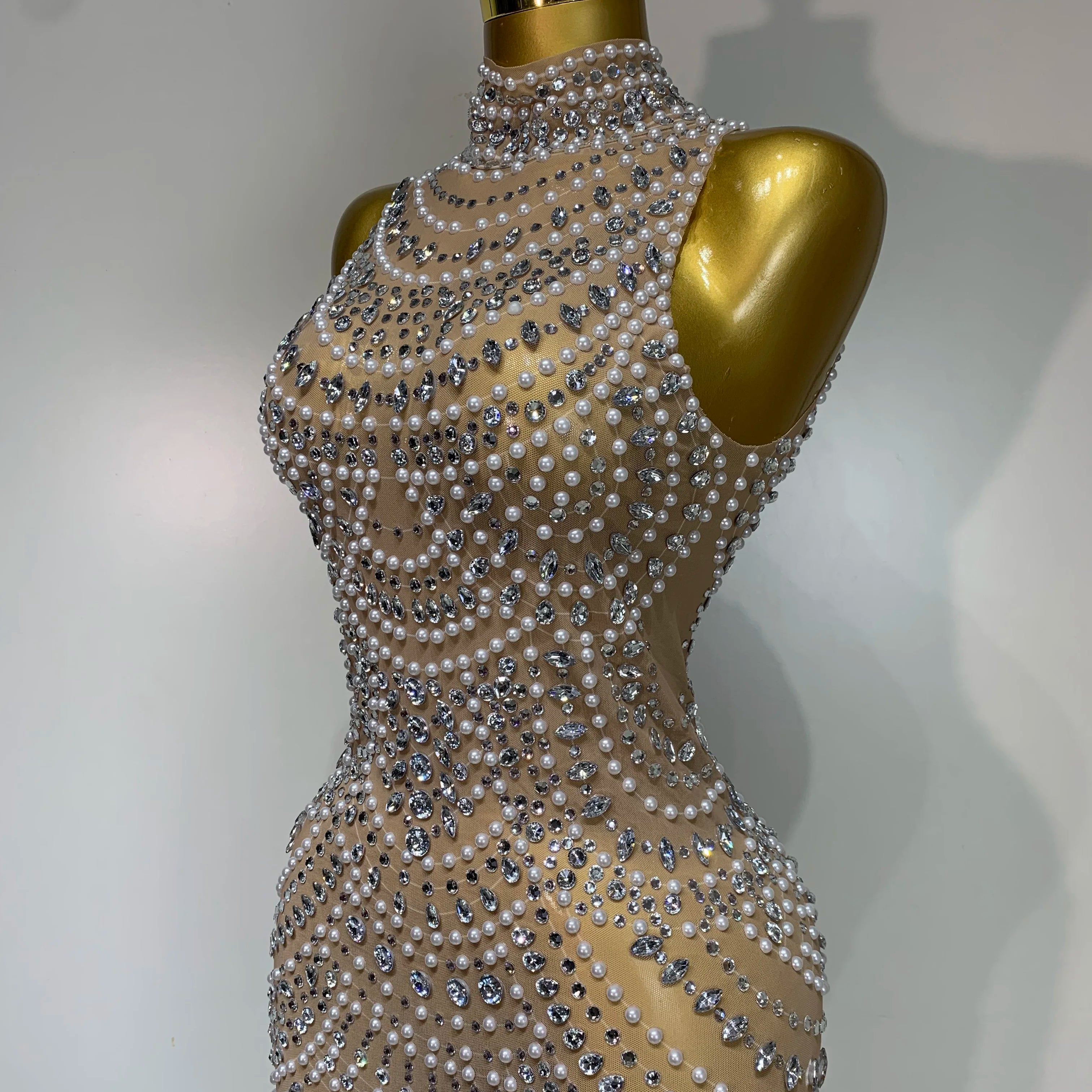 Elegant Sexy Sparkly Pearl Rhinestone Sleeveless Long Dress Women Birthday Party Evening Prom Wedding Luxury Photoshoot Outfits