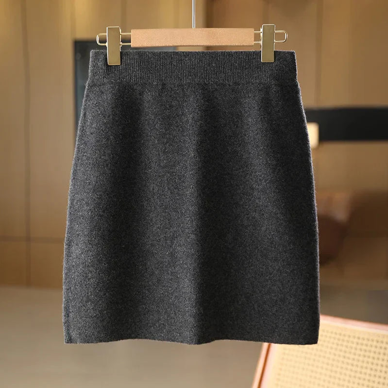 Autumn Winter New 100% Wool Short Skirt Women High Waist Knitted A-line Skirt Slimming and Versatile Hip hugging One Step Skirt 087 Dark grey