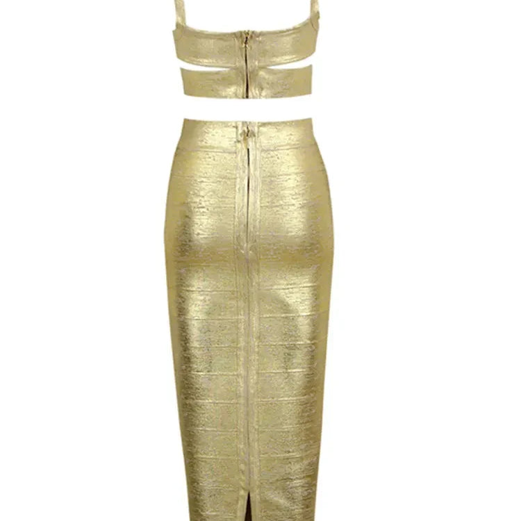 Women Summer Sexy Sleeveless Backless Bronzing Gold Midi Bodycon Skirt Bandage Set Elegant Evening Club Party Outfits