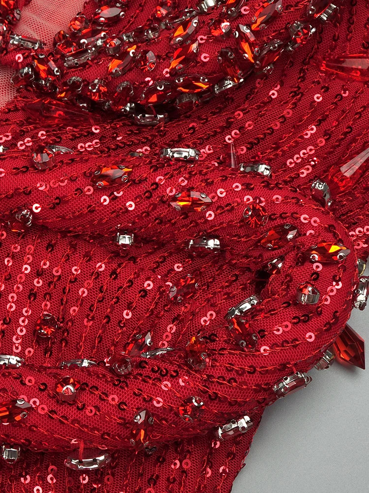 VC Red Diamonds Mermaid Dress Beaded Diagonal One-shoulder High Split Crystals Details Maxi Banquet Evening Party Gown